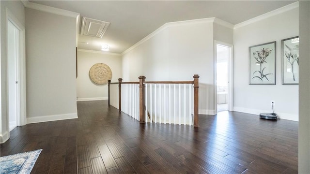 715 Laura Jean Ct, Buford, GA 30518 - corridor featuring attic access, an upstairs landing, wood finished floors, crown molding, and baseboards