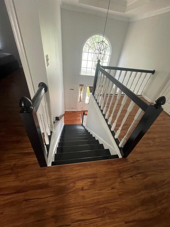 staircase with ornamental molding, hardwood / wood-style floors, and a high ceiling