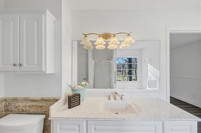 bathroom with walk in shower, hardwood / wood-style flooring, vanity, and toilet