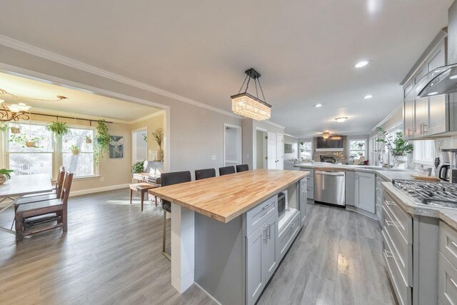 kitchen with wooden counters, a chandelier, pendant lighting, gray cabinets, and appliances with stainless steel finishes