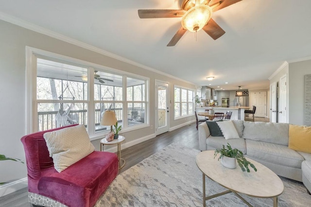 living room with wood-type flooring, ceiling fan, and crown molding