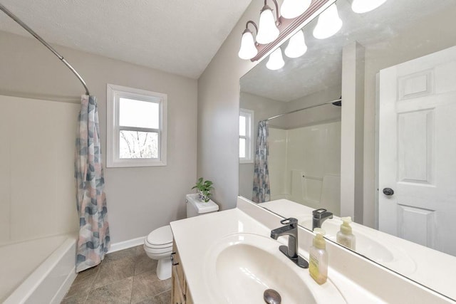 full bathroom featuring shower / bath combination with curtain, toilet, a textured ceiling, and vanity