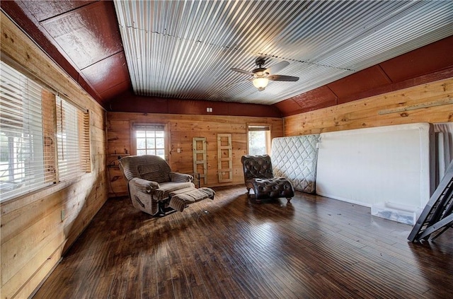 1195 Grady Rd, Rockmart, GA 30153 - sitting room featuring wood walls, vaulted ceiling, a ceiling fan, and wood finished floors