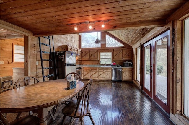 1195 Grady Rd, Rockmart, GA 30153 - dining area featuring wooden walls, wood ceiling, french doors, vaulted ceiling, and dark wood-style floors