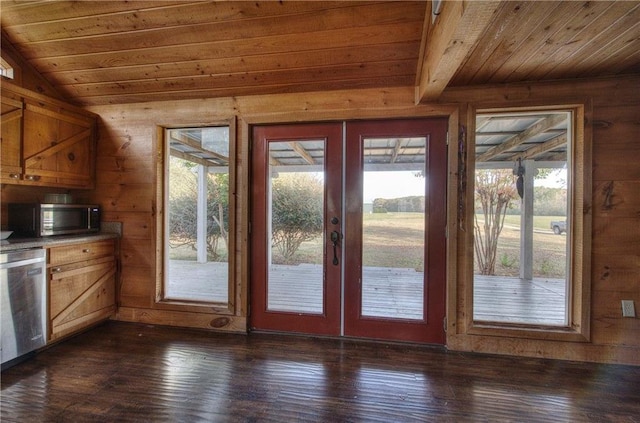 1195 Grady Rd, Rockmart, GA 30153 - doorway to outside featuring wooden ceiling, french doors, plenty of natural light, wooden walls, and vaulted ceiling
