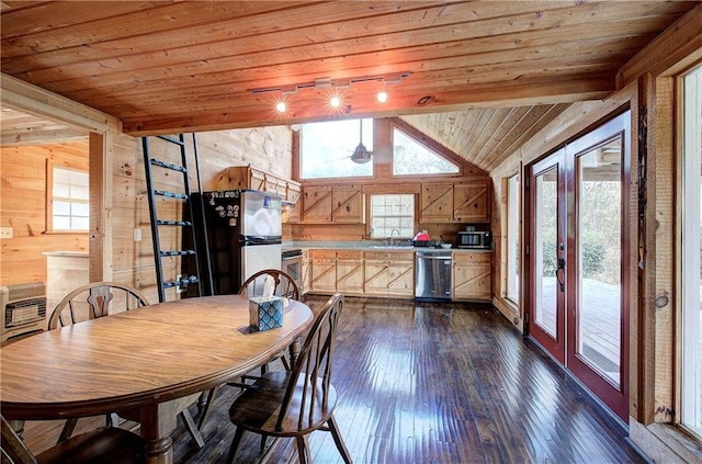 1195 Grady Rd, Rockmart, GA 30153 - dining room with wooden ceiling, wood walls, healthy amount of natural light, dark wood-style floors, and vaulted ceiling