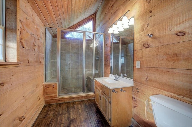 1195 Grady Rd, Rockmart, GA 30153 - full bath with wood walls, vanity, lofted ceiling, wood-type flooring, and a shower stall