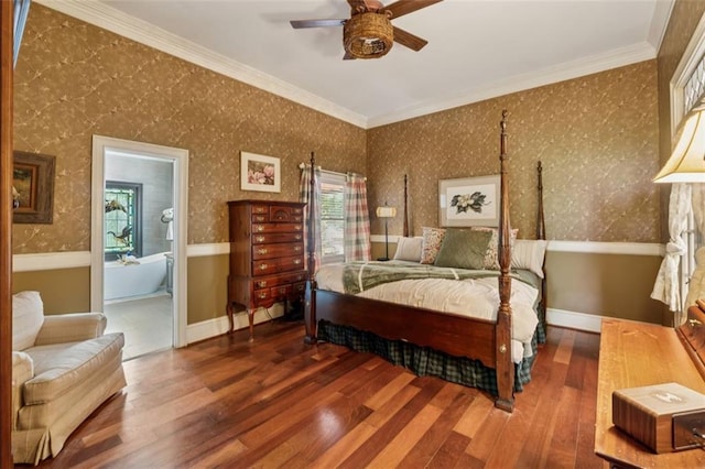 1042 Bailey Rd, Woodstock, GA 30188 - bedroom with wood finished floors, multiple windows, wallpapered walls, crown molding, and ensuite bathroom