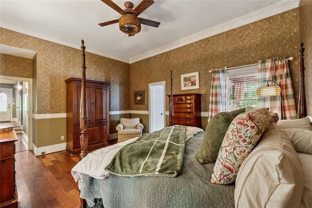 1042 Bailey Rd, Woodstock, GA 30188 - bedroom with dark wood finished floors, ornamental molding, and wallpapered walls