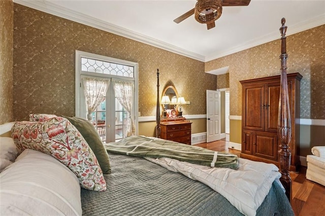 1042 Bailey Rd, Woodstock, GA 30188 - bedroom featuring ornamental molding, wood finished floors, access to outside, wallpapered walls, and ceiling fan