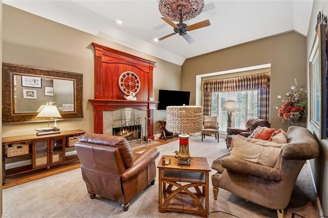 1042 Bailey Rd, Woodstock, GA 30188 - living room featuring lofted ceiling, ceiling fan, a fireplace, and recessed lighting