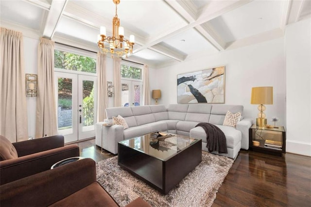living room featuring french doors, coffered ceiling, wood finished floors, and beam ceiling