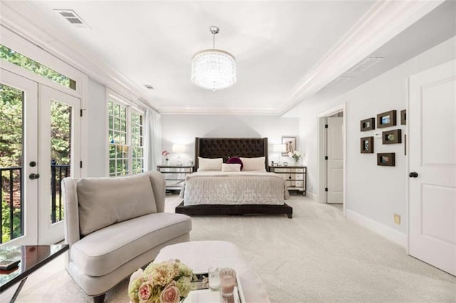 bedroom with light carpet, visible vents, ornamental molding, access to exterior, and french doors