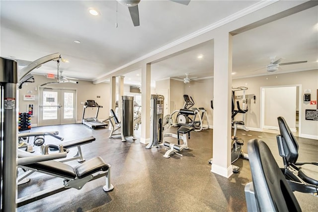 23307 Plantation Dr NE, Atlanta, GA 30324 - exercise room featuring ceiling fan, french doors, crown molding, recessed lighting, and baseboards