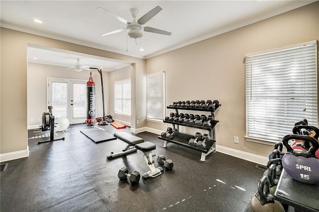 23307 Plantation Dr NE, Atlanta, GA 30324 - workout area featuring ceiling fan, crown molding, baseboards, french doors, and recessed lighting