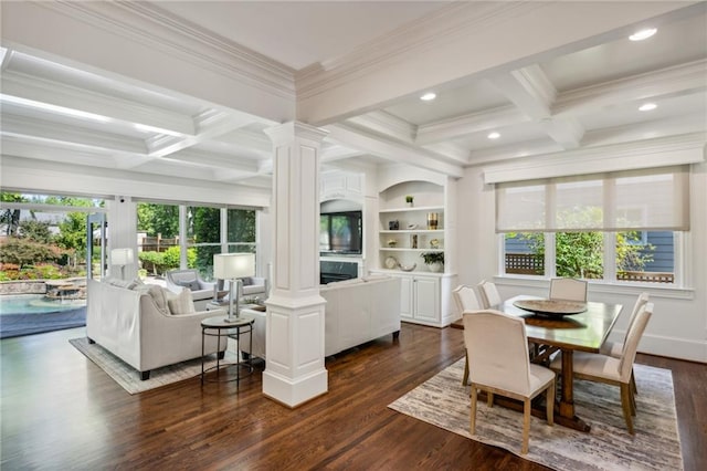 living room featuring beam ceiling, dark wood-type flooring, crown molding, and coffered ceiling