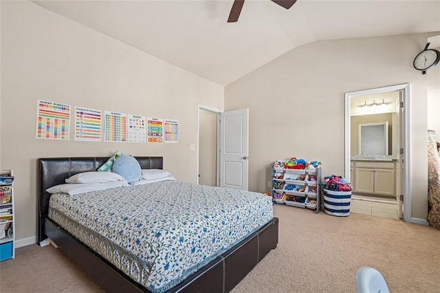 bedroom with carpet, vaulted ceiling, baseboards, and ceiling fan