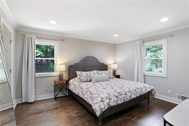 2445 Kings Point Dr, Dunwoody, GA 30338 - bedroom with multiple windows, baseboards, dark wood-style floors, crown molding, and recessed lighting