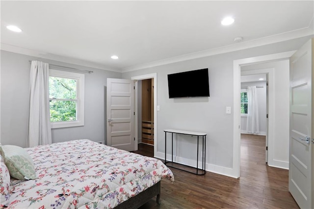 2445 Kings Point Dr, Dunwoody, GA 30338 - bedroom with dark wood-style floors, recessed lighting, ornamental molding, and baseboards