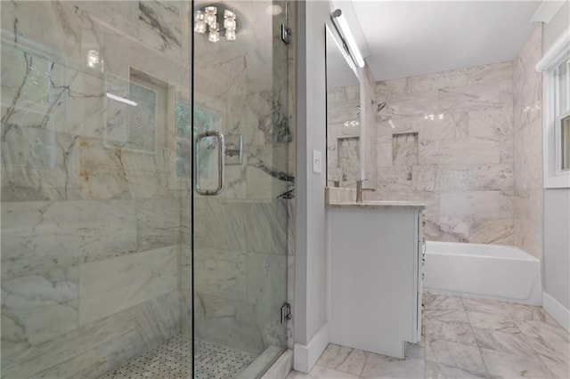 2445 Kings Point Dr, Dunwoody, GA 30338 - full bathroom with a marble finish shower, a garden tub, vanity, baseboards, and marble finish floors