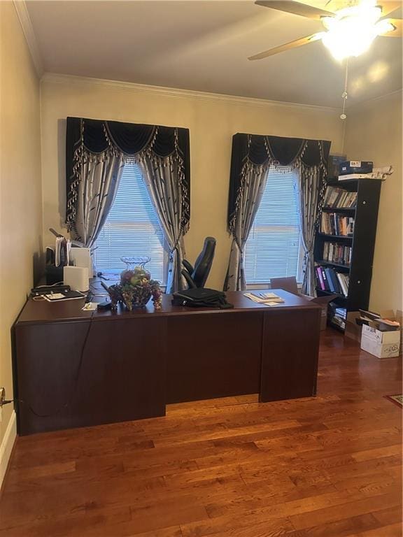 office area featuring a wealth of natural light, crown molding, ceiling fan, and dark wood-type flooring