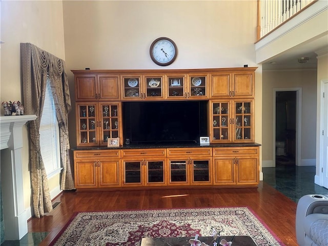 living room with dark hardwood / wood-style flooring