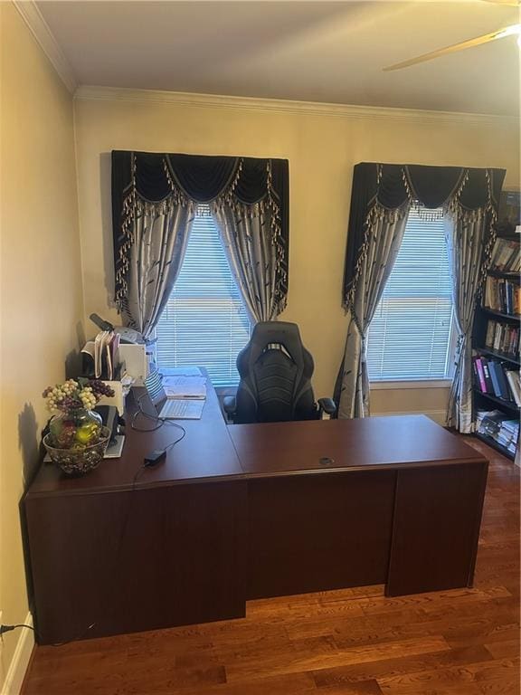 office space with crown molding and dark hardwood / wood-style flooring