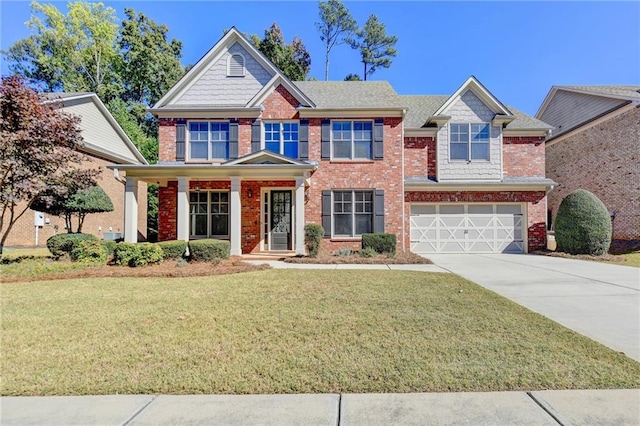 3191 Lake Mcginnis Dr, Suwanee, GA 30024 - craftsman house featuring driveway, a front yard, brick siding, and an attached garage