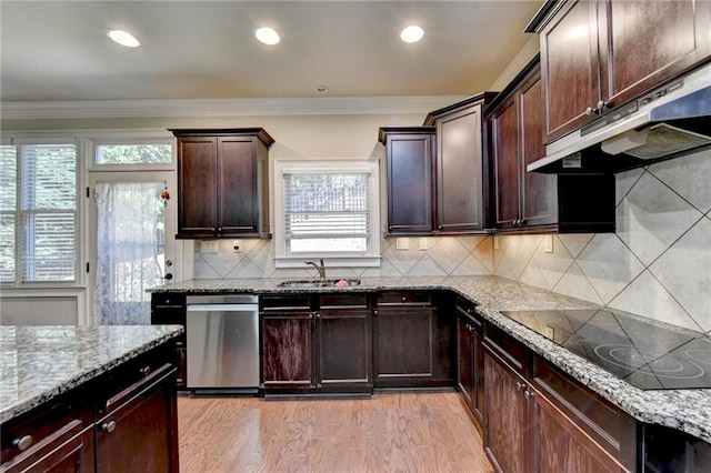 3191 Lake Mcginnis Dr, Suwanee, GA 30024 - kitchen featuring dishwasher, under cabinet range hood, black electric cooktop, healthy amount of natural light, and ornamental molding