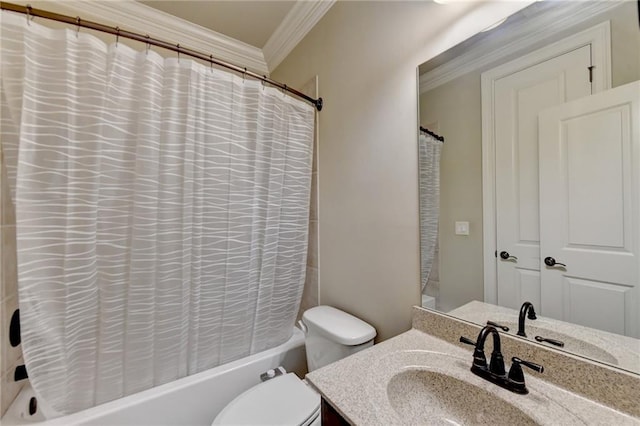 full bathroom featuring vanity, ornamental molding, toilet, and shower / bathtub combination with curtain