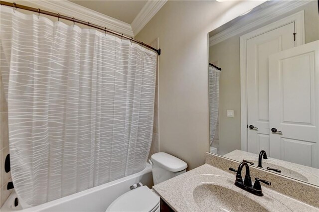 3191 Lake Mcginnis Dr, Suwanee, GA 30024 - full bathroom featuring ornamental molding, vanity, shower / tub combo, and toilet