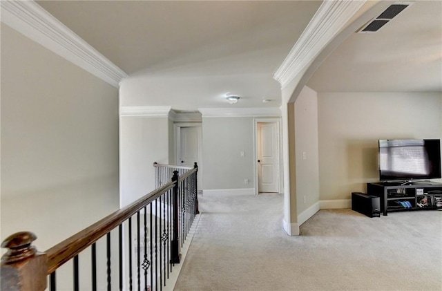 3191 Lake Mcginnis Dr, Suwanee, GA 30024 - corridor featuring crown molding, carpet floors, baseboards, and arched walkways