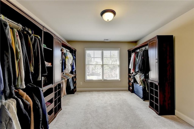 spacious closet featuring light colored carpet