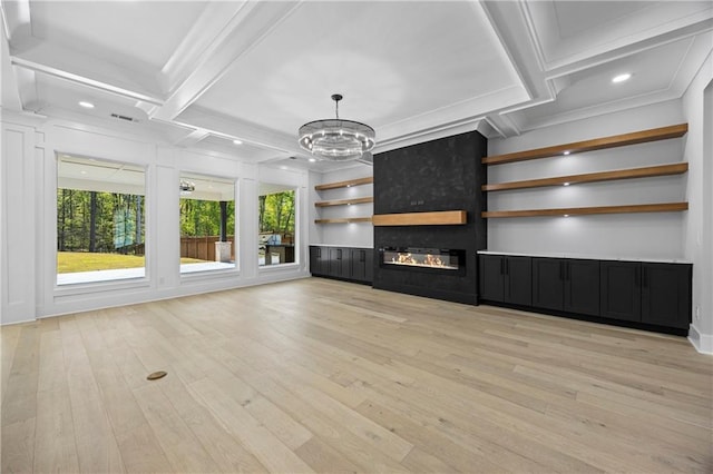 407 Thunder Rd, Buford, GA 30518 - unfurnished living room with coffered ceiling, beam ceiling, light wood-type flooring, a chandelier, and ornamental molding