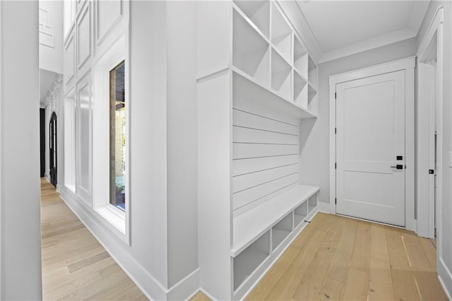 407 Thunder Rd, Buford, GA 30518 - mudroom with light wood-style flooring, healthy amount of natural light, crown molding, and baseboards