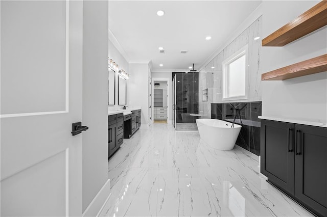 407 Thunder Rd, Buford, GA 30518 - full bathroom with ornamental molding, a shower stall, marble tiled flooring, vanity, and a soaking tub
