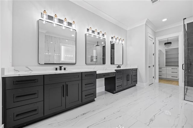 407 Thunder Rd, Buford, GA 30518 - full bathroom featuring double vanity, a marble finish shower, ornamental molding, baseboards, and marble finish flooring