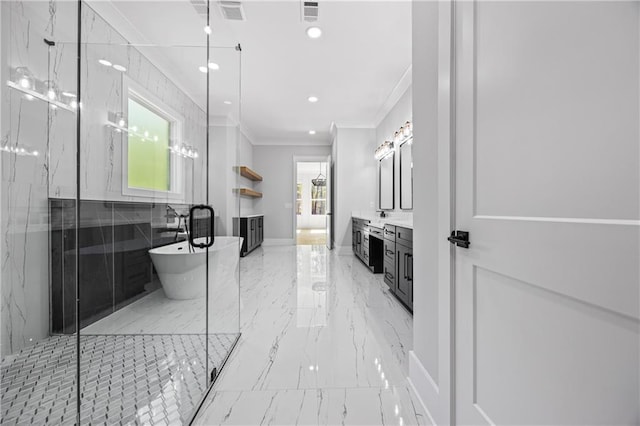 407 Thunder Rd, Buford, GA 30518 - full bathroom featuring ornamental molding, marble tiled flooring, a stall shower, vanity, and a freestanding tub