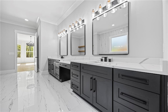 407 Thunder Rd, Buford, GA 30518 - full bath featuring ornamental molding, baseboards, marble tiled flooring, vanity, and recessed lighting