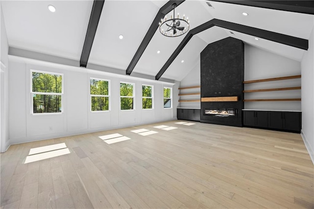 407 Thunder Rd, Buford, GA 30518 - unfurnished living room with a large fireplace, healthy amount of natural light, beam ceiling, high vaulted ceiling, and light wood-style floors