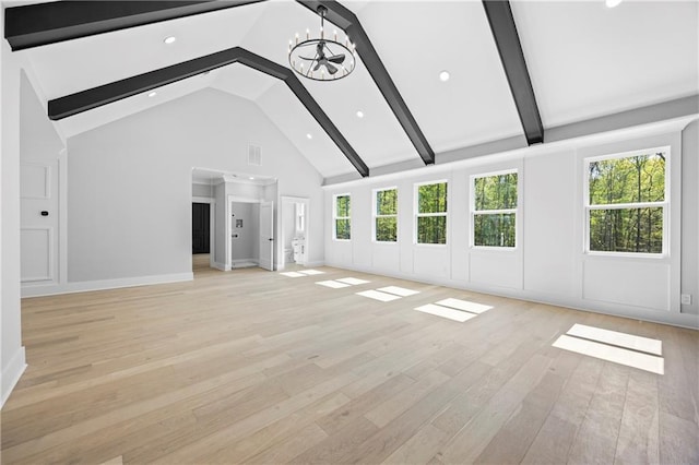 407 Thunder Rd, Buford, GA 30518 - unfurnished living room featuring beamed ceiling, high vaulted ceiling, light wood finished floors, a chandelier, and recessed lighting