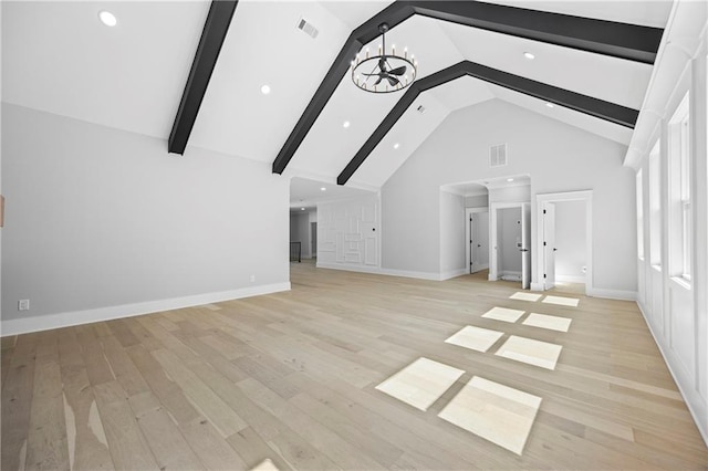 407 Thunder Rd, Buford, GA 30518 - unfurnished living room with beam ceiling, light wood-type flooring, a chandelier, high vaulted ceiling, and recessed lighting