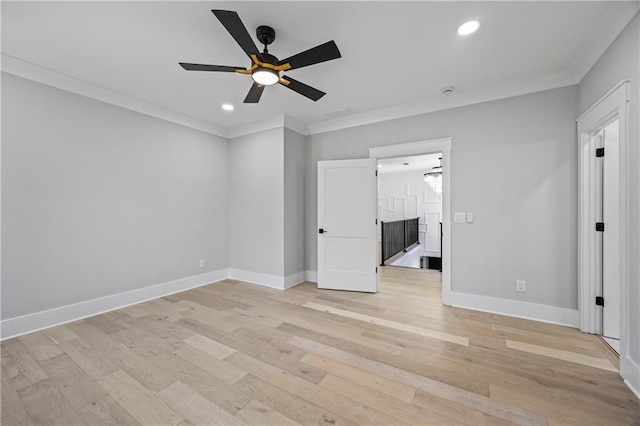407 Thunder Rd, Buford, GA 30518 - unfurnished room with ornamental molding, baseboards, light wood-style flooring, ceiling fan, and recessed lighting