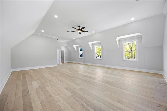 407 Thunder Rd, Buford, GA 30518 - unfurnished living room featuring light wood finished floors, lofted ceiling, recessed lighting, a ceiling fan, and baseboards