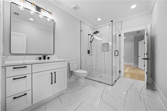 407 Thunder Rd, Buford, GA 30518 - full bath featuring marble look tiles, recessed lighting, toilet, a marble finish shower, and baseboards