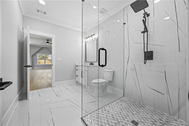 407 Thunder Rd, Buford, GA 30518 - full bath featuring marble finish floors, toilet, vanity, a ceiling fan, and a marble finish shower