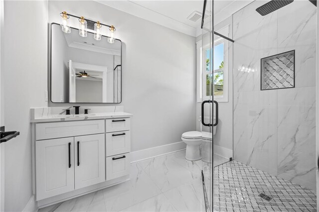 407 Thunder Rd, Buford, GA 30518 - full bath with marble look tile flooring, a marble finish shower, baseboards, vanity, and a ceiling fan