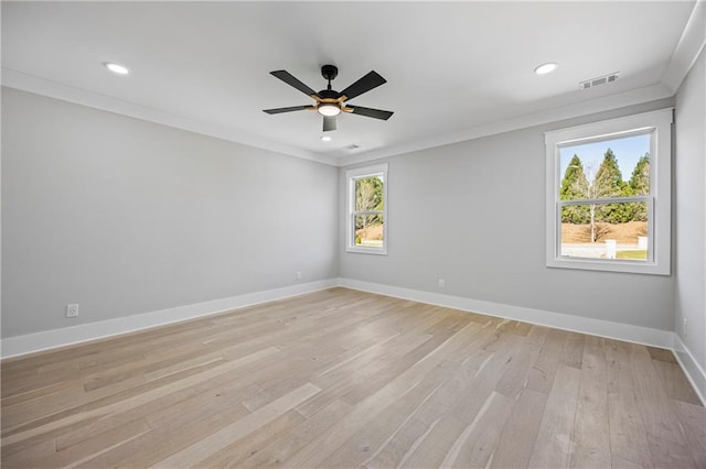 407 Thunder Rd, Buford, GA 30518 - empty room featuring a ceiling fan, light wood-style flooring, recessed lighting, ornamental molding, and baseboards