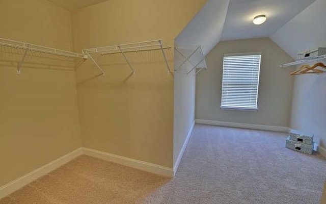 spacious closet featuring vaulted ceiling and carpet floors