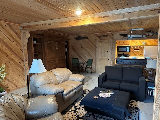 living room with wood ceiling, wood walls, beam ceiling, and light tile patterned floors